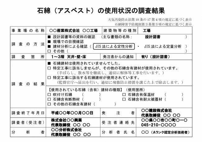 アスベスト使用調査報告書のサンプル