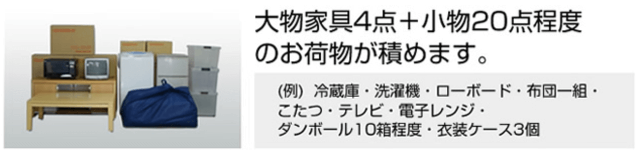 プロスタッフの単身パックの運べる荷物の例